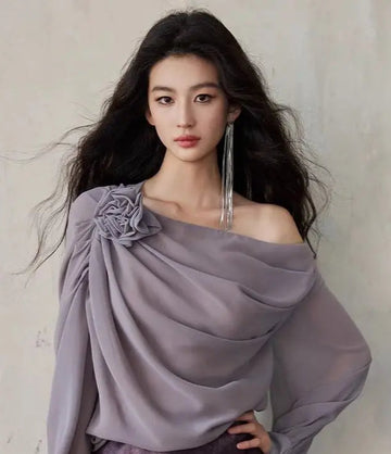 Women's Blouse Fashion Designer Ruffled Chiffon S-3XL Long-Sleeve Tops